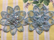Sew on vintage fabric flower appliques, motifs, trims - sequins & beads, blue