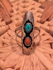 Native Turquoise & Coral Sterling Ring Sz  10