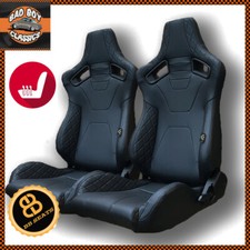 Pair HEATED BB6 RS Black Diamond Stitch Reclining Bucket Sports Seats + Runners