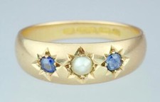 Fabulous Antique Victorian 15K Gold Sapphire Pearl Starburst Gypsy Ring 1887 S 7