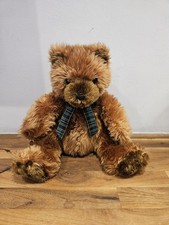 Ty Classic 2001 Baby Golden Brown Fluffy Soft Toy Teddy Bear 35cm Tartan Bow