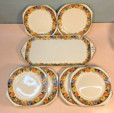 Ivory England Retro Cake Dinner Serving Plates Set For 6 Yellow Orange Floral