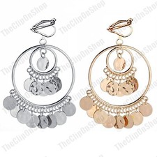 CLIP ON BIG 2.75"long CHANDELIER gypsy discs EARRINGS GOLD FASHION boho clips