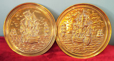  Pair Vintage Brass Decorative Embossed Stamped Sailing Ships Wall Plates 10"