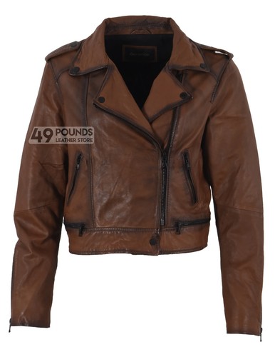 Ladies biker leather jacket - leather,