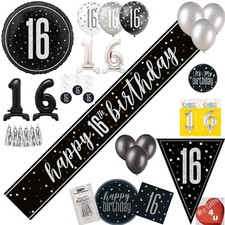 Black 16th & Happy Birthday Decorations Part Bunting Banner Silver Balloons age