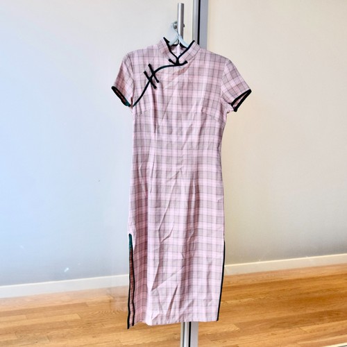 Pink gray plaid qipao - pink, dress
