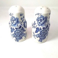 Vtg, Crown Devon Cruet Set Salt & Pepper Pots-Fieldings -Farmhouse- Blue & White