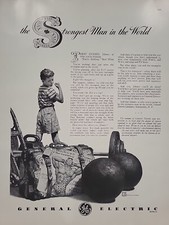 1942 General Electric Fortune WW2 Print Ad Q4 Boy Strong Man Circus Douglass