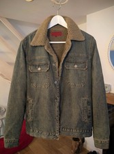 Vintage FCUK French Connection Bomber Flight Jacket Denim Faux Fur Lined S Mens