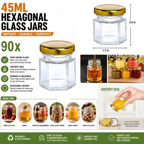 90pcs 45ml hexagon glass jars - 45ml,