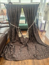 Silk Curtains Chocolate Brown Floral Embroidered Country House 53” W X 90” D