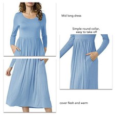 Light Blue XXL Dress Long Sleeve Round Neck Pure Color Flowy Swing Hem
