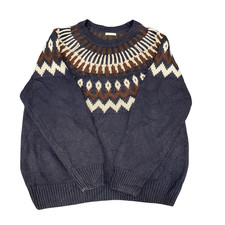 Jumper Womens Medium Blue Fair Isle Knit Long Raglan Sleeve Crew Neck Pullover