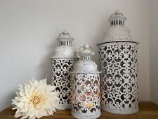 Set 3 Large White Metal Moroccan Lanterns Vintage Antique Candle Garden Indoor