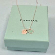 Tiffany & Co Small Diamond Double Green Mini Heart Silver Necklace Size 16 - 18"