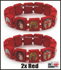 2X RED Wooden Elasticated Saints Bracelet Jesus Wristband Religious UNISEX New