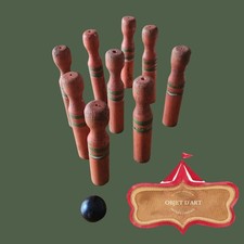 Vintage Wooden Skittles Set with Painted Green Bands and Ball (c.1940s–1960s)