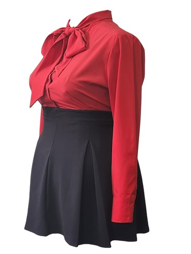 Red button front pussybow tie - red,