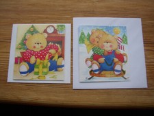 2 Vtg Unused Small Xmas Cards Children's Teddy Bears in Snow, At home 1970s/80s