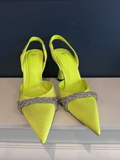 Zara High Mule Heels Lime Yellow Embellished Rhinestone Satin Shoes UK5.5 EU38