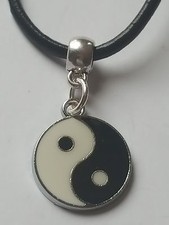 YIN YANG ENAMEL  CHARM ON BLACK LEATHER CHOKER  CHARM NECKLACE.