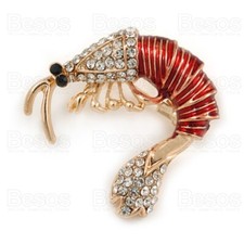 GOLD TONE fashion SHRIMP BROOCH crystal encrusted RED ENAMELLED craw fish pin