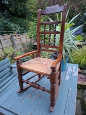 Antique Lancashire Spindle Back Rocking Chair With Rush Seat