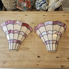 Pair Tiffany Style Art Deco Wall Light Uplighters Lamp Shades Stained Glass 18"