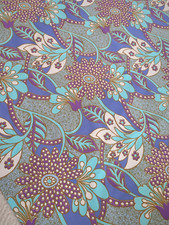 Vintage flat sheet blue purple white flowers double king fabric French 70s