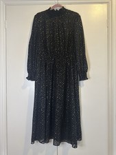 Ted Baker Women Black Gold Star Print Midi Chiffon Dress Size 5 Uk 16