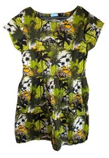 RUN & FLY Tea Dress Jurassic Adventure UK 20 Dinosaur Stretch Cotton Midi Green