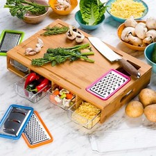 Large Bamboo Wood Chopping Board with 4 BPA Free Plastic Drawers Cutting Boards