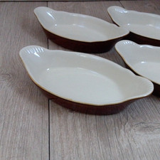 4 Large Individual Stoneware Gratin Oven Table Brown Glazed Oval Pie Dishes