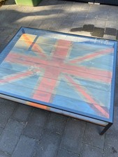 Habitat vtg Y2K metal and glass coffee table 100 x 80cm Union Jack wood slats as