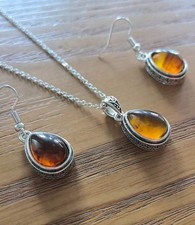Silver & Amber Necklace & Earrings Set  - Healing Crystal Jewellery Gift Boxed