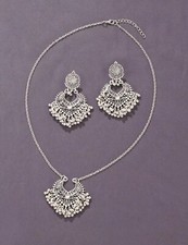 SILVER JHUMKA BELL DROP NECKLACE EARRINGS SET INDIAN JEWELLERY 