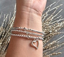 Silver Plated Beaded Bracelet Set of 3 | Heart Stack Bracelets | Gift for Her