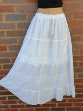Cotton Boho Maxi Skirt Lace Summer Lined Hippie WHITE One Size 8 10 12 14 16 18