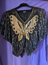 100% Silk Vintage Cape Poncho Cover Up Sequined Multicoloured Beaded