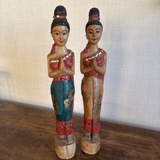 Vintage Thai Sawasdee Lady Women X 2 Welcome Statue Figurine Hand Carved Wood