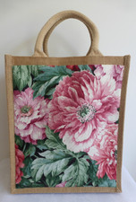 Peony Flower - Upcycled new Jute Hessian Shopping bag, weatherproof lining