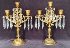 Pair of vintage brass candelabra with glass drops  Hollywood Regency style 31 cm