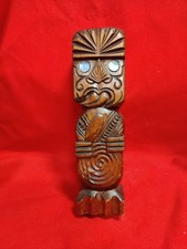 Tiki Teko Carved Wood Totem With Paua Shell Eyes, 17cm Tall. 5cm Wide. 5cm Deep.