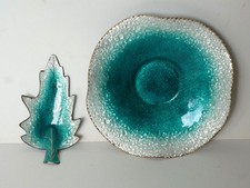 2 x Vintage Emaux Limoges Enamel Dish Bowls Crystal Leaf M.Fernandez