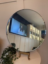 1930s Art Deco Round Mirror Frameless Wall Hanging Chain  Oak Back Vintage