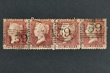 Strip of 4 star Penny Red stamps. Cancellation 159 Glasgow. 1862. AD, AE, AF, AG