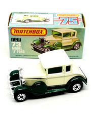 Matchbox Lesney Superfast 73 Model A Ford in cream & green, spare wheel, mib!