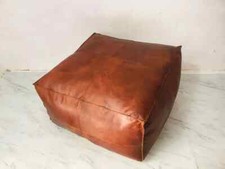 Boho Large Square Coffee Table Pouf in Distressed Brown Leather