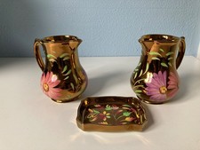  2 Vintage Wade Copper Gold Lustre Ceramic Jugs  Hand Painted & Trinket Dish
